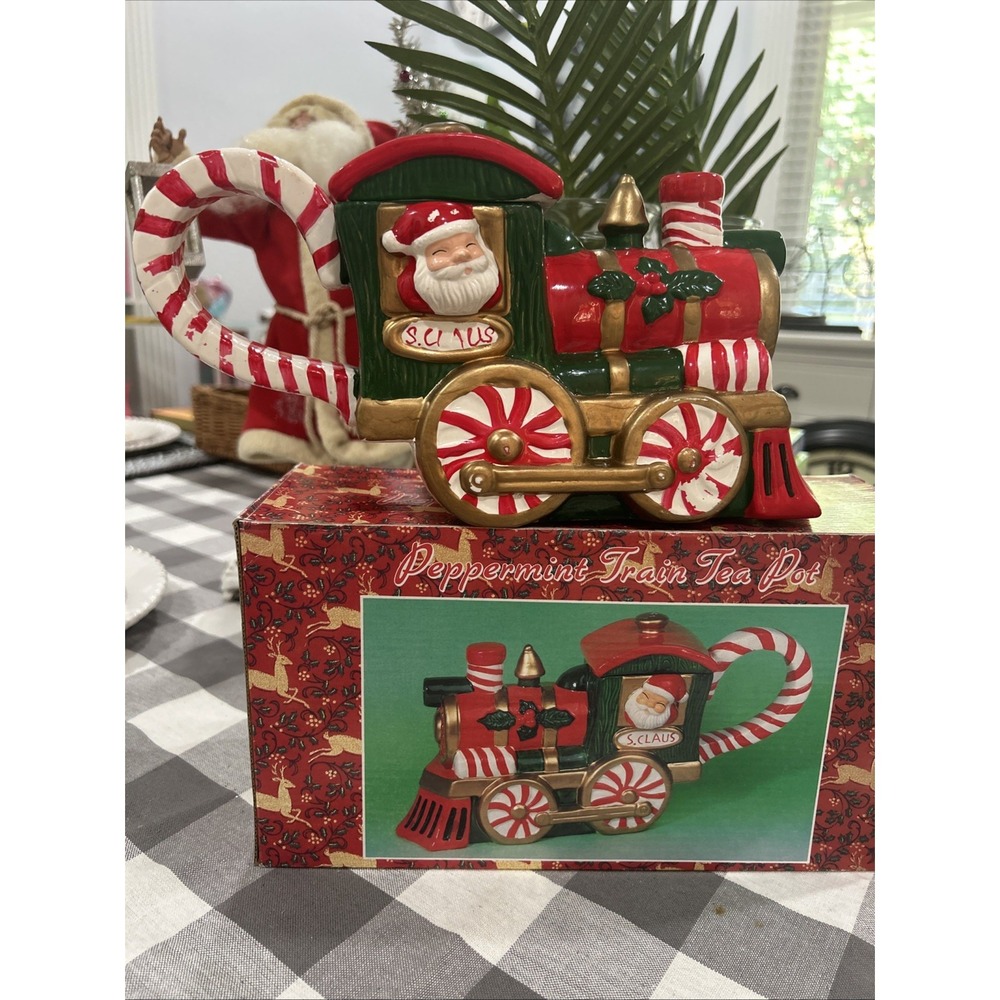 Vintage Peppermint Santa Train Teapot In Box 1994 Hermitage Pottery‎ WITH LID